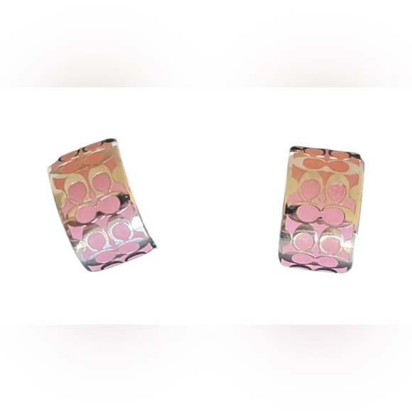 Coach NWT Silver and Pink Enamel Signature Small Huggie Hoops - Picture 1 of 10